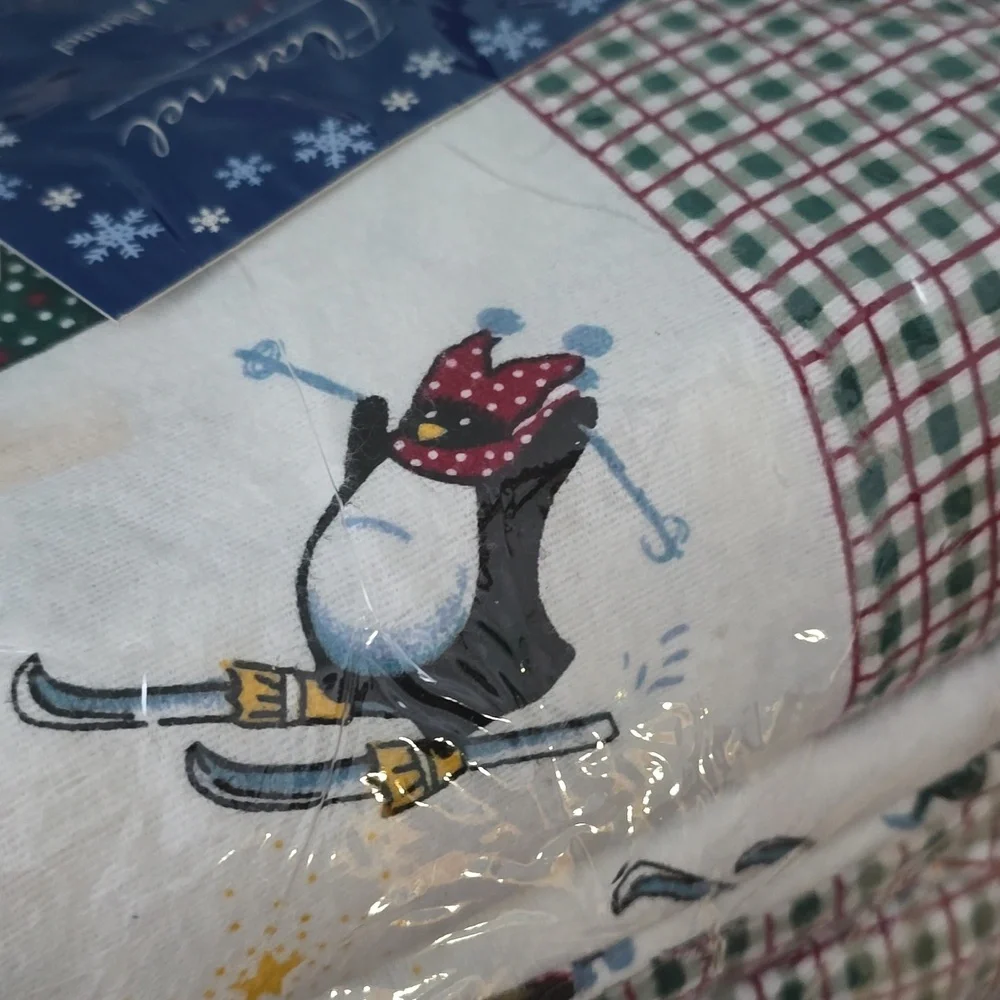 European Flannel Collection - Skiing Holiday Penguins Full Size Sheet Set - NWOT